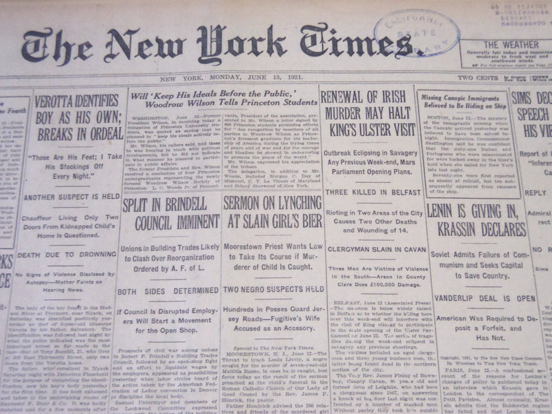 1921 JUNE 13 NEW YORK TIMES - LENIN GIVING IN KRASSIN DECLARES - NT 5504