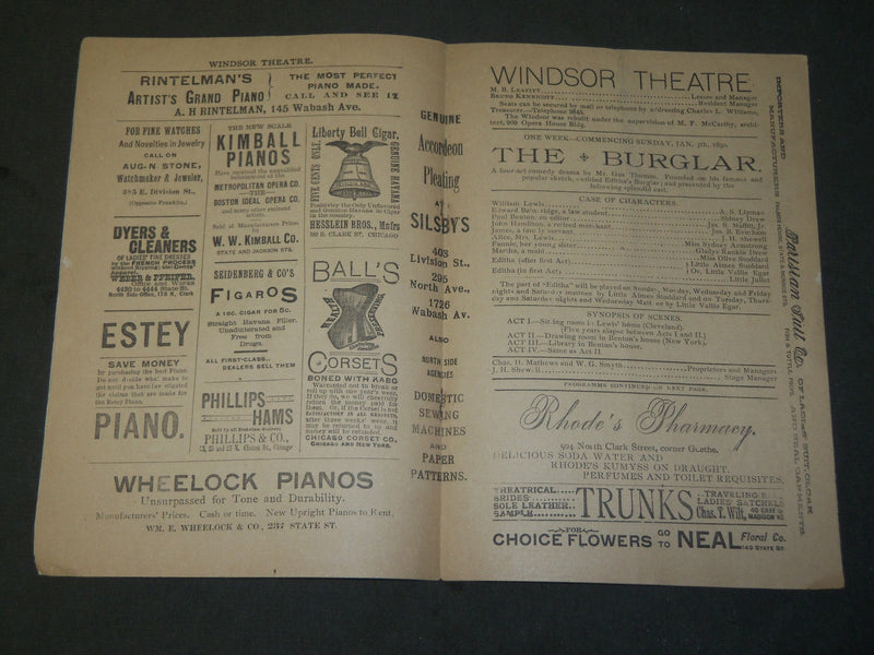 1890 JAN 5 NEW WINDSOR THEATRE PROGRAM - BURGLAR - SIDNEY DREW - GLADYS - J 3697