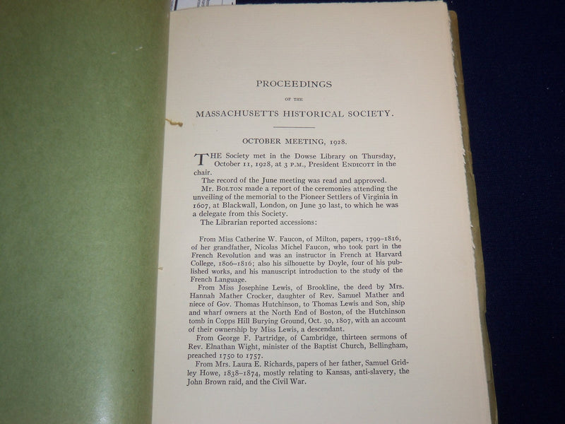 1928-1929 MASSACHUSETTS HISTORICAL SOCIETY PROCEEDINGS BOOK - K 503