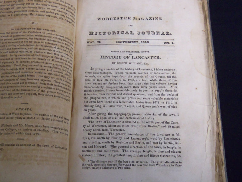 1826 MAY-OCT THE WORCESTER MAGAZINE & HISTORICAL JOURNAL VOLUME 2 - KD 5523G