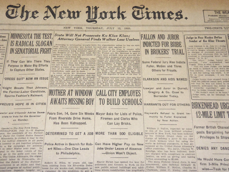 1923 JULY 12 NEW YORK TIMES NEWSPAPER- FALLON AND JUROR INDICTED BRIBE - NT 7745