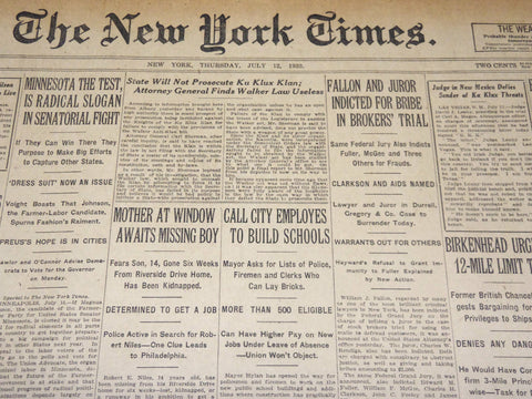 1923 JULY 12 NEW YORK TIMES NEWSPAPER- FALLON AND JUROR INDICTED BRIBE - NT 7745