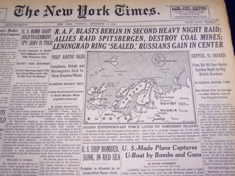 1941 SEPT 9 NEW YORK TIMES - ALLIES RAID SPITSBERGEN DESTROY COAL MINES- NT 1364