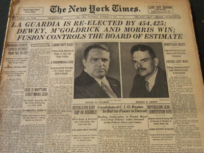 1937 NOVEMBER 3 NEW YORK TIMES - LAGUARDIA RE-ELECTED DEWEY WINS - NT 5547