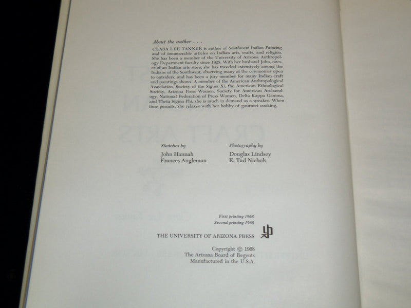 1968 SOUTHWEST INDIAN CRAFT ARTS HARDCOVER BOOK BY CLARA LEE TANNER - R 736A
