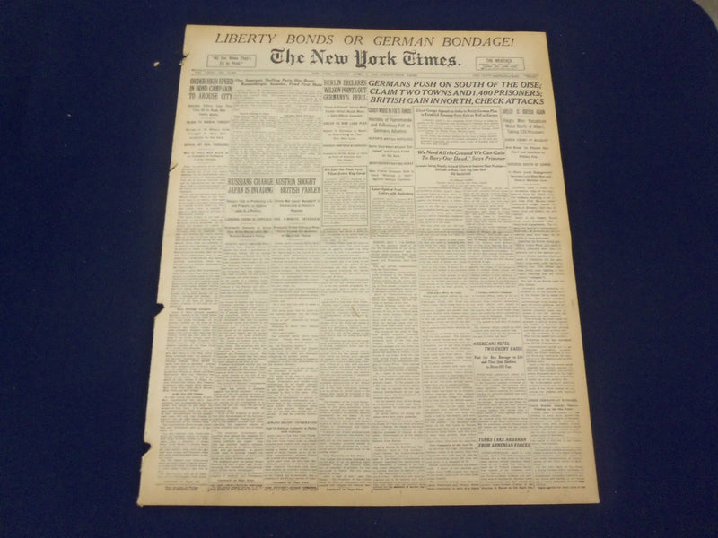 1918 APRIL 8 NEW YORK TIMES - GERMANS PUSH ON SOUTH OF THE OISE - NT 8205