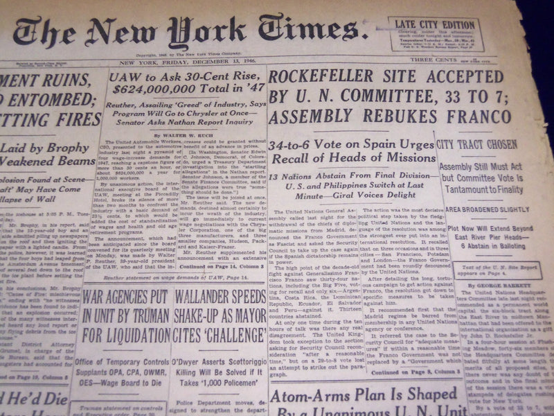 1946 DEC 13 NEW YORK TIMES - ROCKEFELLER SITE ACCEPTED U. N. COMMITTEE - NT 843