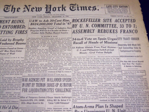 1946 DEC 13 NEW YORK TIMES - ROCKEFELLER SITE ACCEPTED U. N. COMMITTEE - NT 843