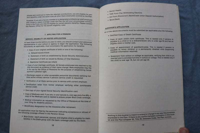 1988 STATE OF DELAWARE STATE EMPLOYEES' PENSION PLAN BOOKLET - K 724