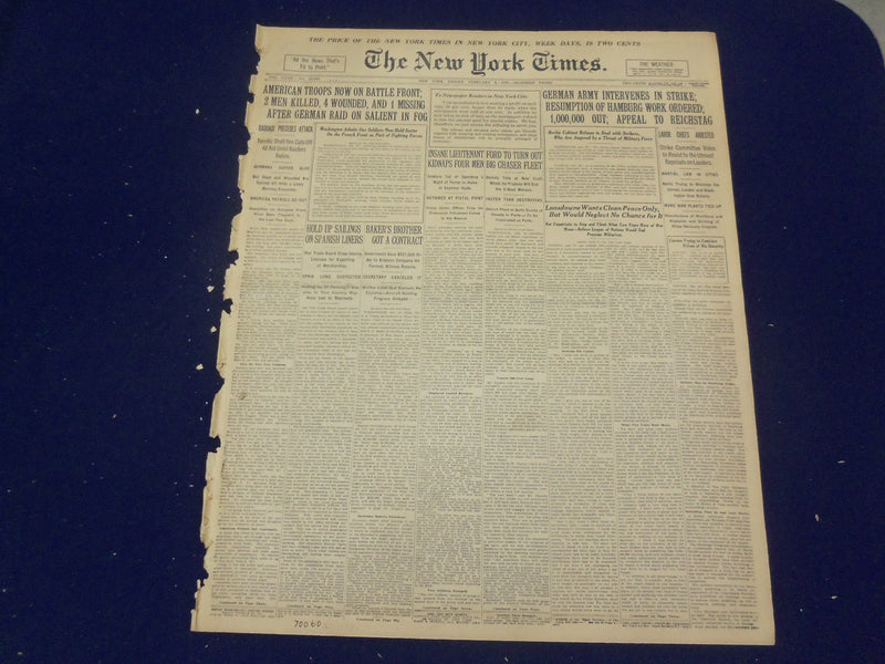 1918 FEBRUARY 1 NEW YORK TIMES - AMERICAN TROOPS NOW ON BATTLE FRONT - NT 8227