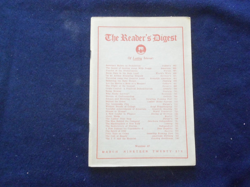 1926 MARCH THE READER'S DIGEST SOFTCOVER BOOK - NUMBER 47 - J 8425