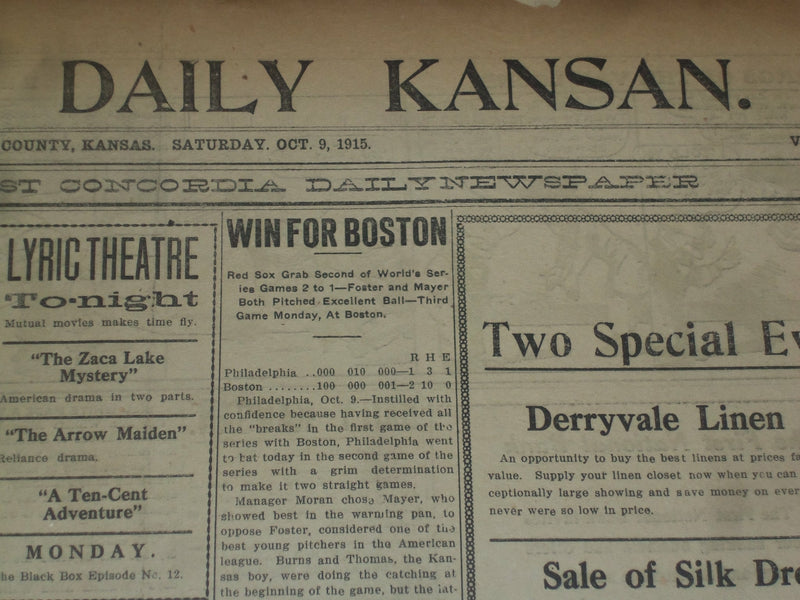 1915 OCTOBER 8-13 CONCORDIA DAILY KANSAN NEWSPAPER - WORLD SERIES - NP 3805