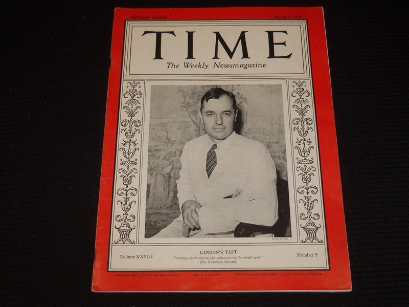 1936 AUGUST 3 TIME MAGAZINE - CHARLES P. TAFT - T 526