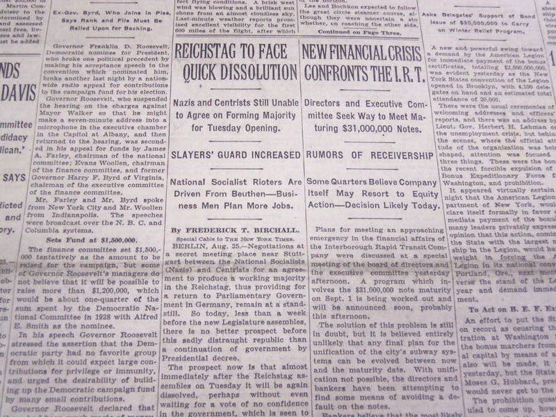 1932 AUGUST 26 NEW YORK TIMES - REICHSTAG TO FACE DISSOLUTION - NT 4079