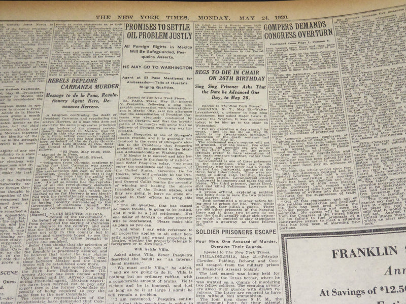 1920 MAY 24 NEW YORK TIMES - BARRAGAN DESCRIBES CARRANZA'S MURDER - NT 8684