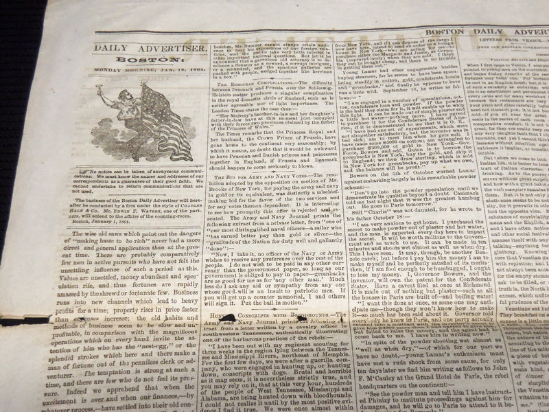 1864 JANUARY 18 BOSTON DAILY ADVERTISER NEWSPAPER - TRUMBULL REQUEST - NP 3878I