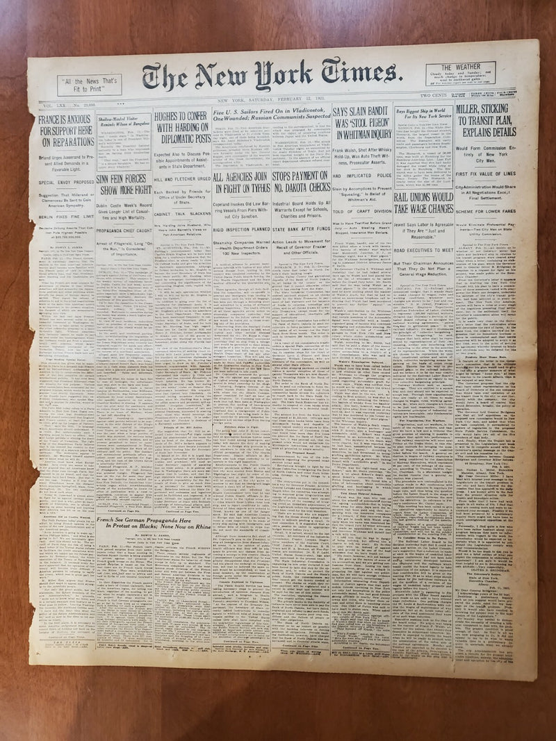 1921 FEBRUARY 12 NEW YORK TIMES NEWSPAPER - ALL AGENCIES FIGHT TYPHUS - NT 8121