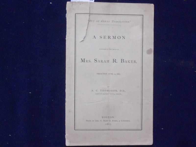 1867 MRS. SARAH R. BAKER FUNERAL SERMON SOFTCOVER BOOKLET - ROXBURY - K 222