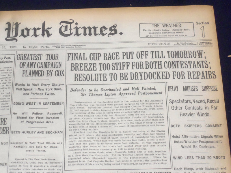 1920 JULY 25 NEW YORK TIMES - FINAL CUP RACE OFF TILL TOMORROW - NT 9338