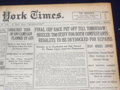 1920 JULY 25 NEW YORK TIMES - FINAL CUP RACE OFF TILL TOMORROW - NT 9338