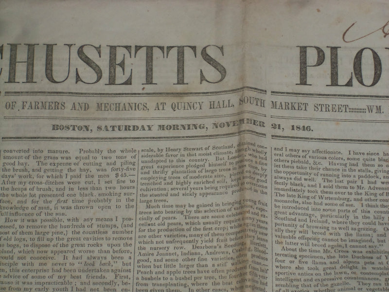 1846 NOVEMBER 21 MASSACHUSETTS PLOUGHMAN NEWSPAPER - EXPLOSIVE COTTON - NP 5136