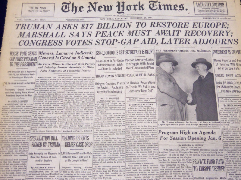 1947 DEC 20 NEW YORK TIMES - TRUMAN ASKS $17 BILLION TO RESTORE EUROPE - NT 172