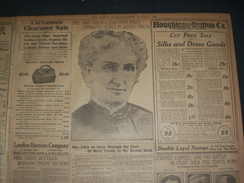 1907 MARCH 3 THE BOSTON HERALD - MRS. EDDY SETTLES $100,000 ON HER SON - BH 3