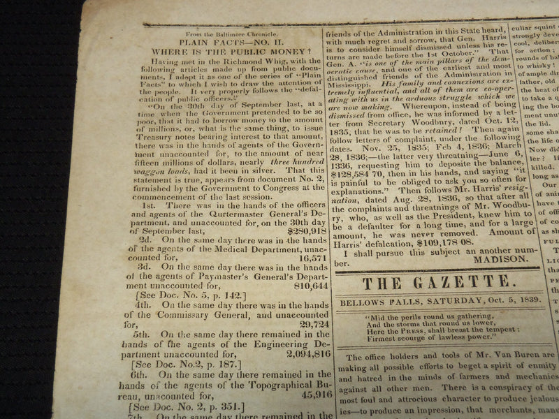 1839 OCTOBER 5 BELLOWS FALLS GAZETTE NEWSPAPER - VERMONT - NP 3297G
