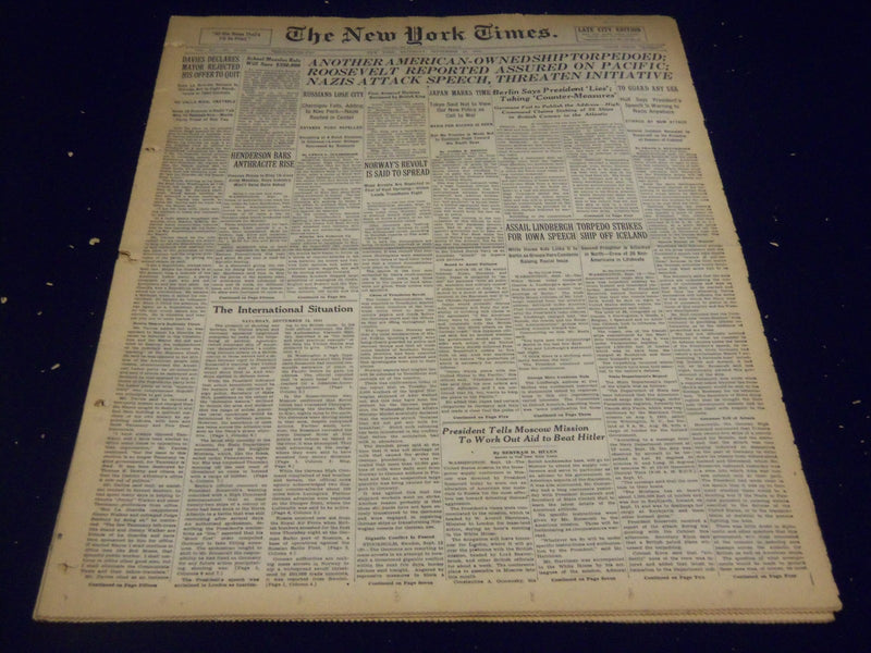 1941 SEPT 13 NEW YORK TIMES - ANOTHER AMERICAN OWNED SHIP TORPEDOED - NT 1472