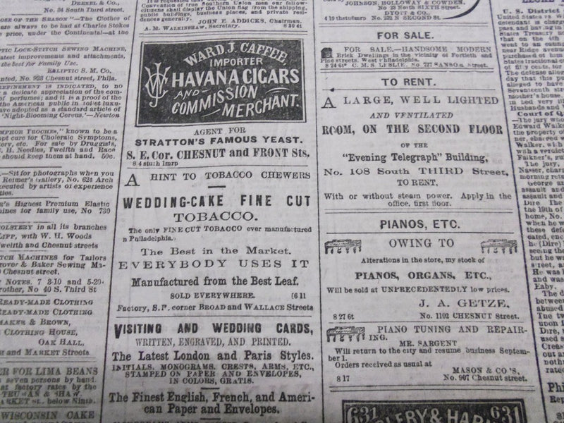 1866 THE EVENING TELEGRAPH NEWSPAPER LOT OF 11 - NICE ADVERTISEMENTS - NP 1439