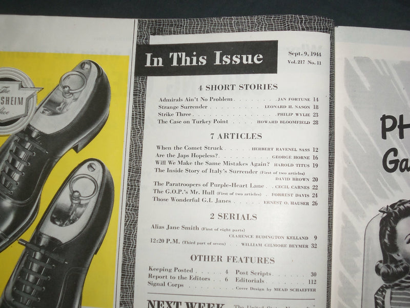 1944 SEPTEMBER 9 THE SATURDAY EVENING POST MAGAZINE- ILLUSTRATED COVER- SP 2476O