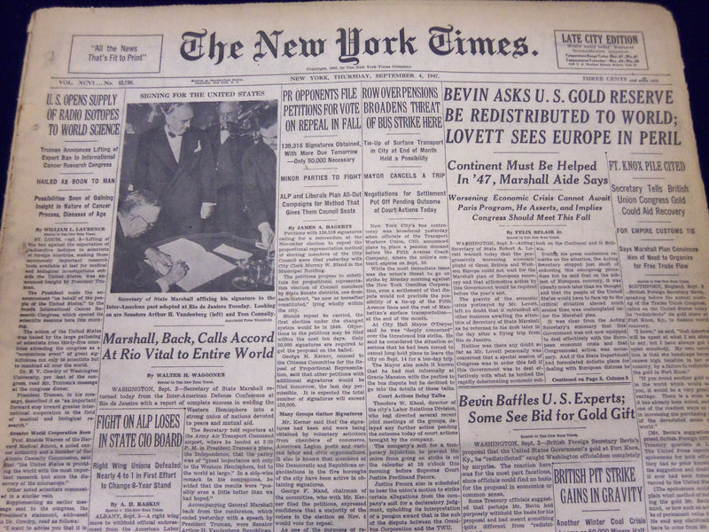 1947 SEPT 4 NEW YORK TIMES - BEVIN ASKS U. S. GOLD BE REDISTRIBUTED - NT 82