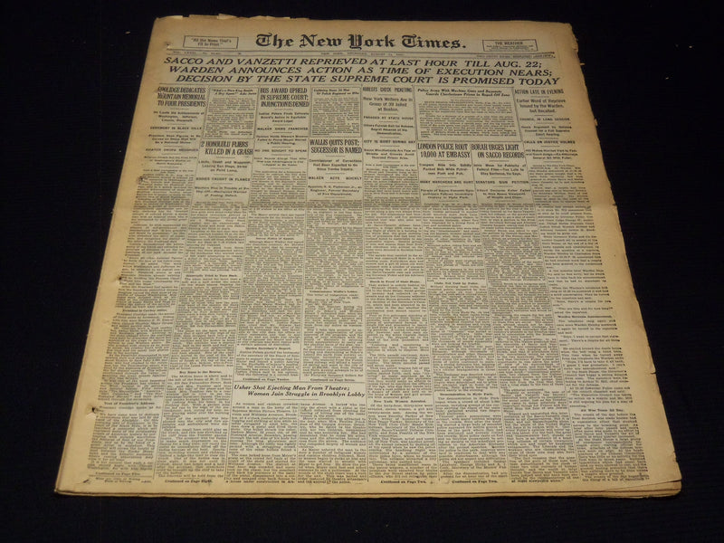 1927 AUGUST 11 NEW YORK TIMES - SACCO & VANZETTI REPRIEVED AT LAST HOUR- NT 9559
