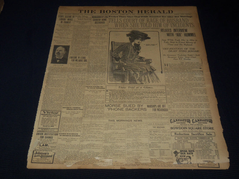 1907 FEB 9 THE BOSTON HERALD - EVELYN THAW TELLS COURT OF RAGE OF HUSBAND- BH 34