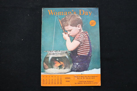 1938 APRIL WOMAN'S DAY MAGAZINE - BOY FISHING IN FISH BOWL COVER - E 10385