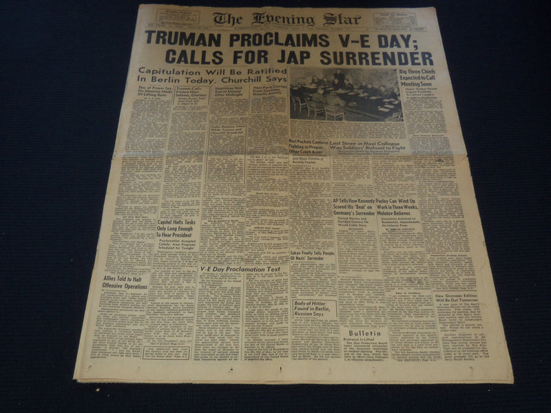 1945 MAY 8 THE EVENING STAR NEWSPAPER - TRUMAN PROCLAIMS - V-E DAY - NT 9457