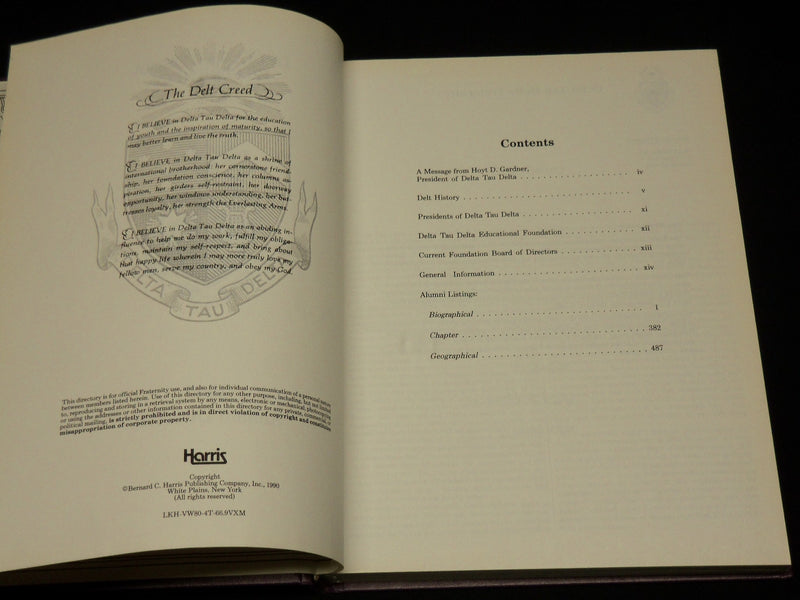 1990 DELTA TAU DELTA FRATERNITY ALUMNI DIRECTORY HARDCOVER BOOK - KD 6441
