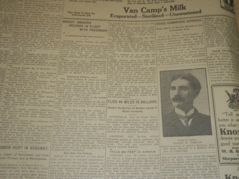 1909 JULY 31 THE BOSTON HERALD - WRIGHT SMASHES RECORDS IN FLIGHT - BH 212