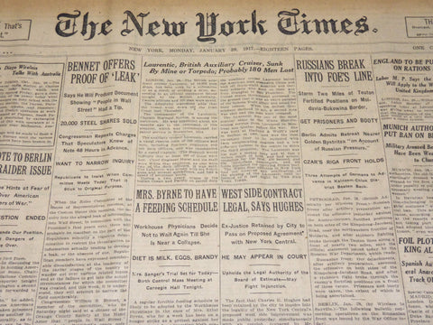 1917 JANUARY 29 NEW YORK TIMES - LAURENTIC BRITISH CRUISER SUNK - NT 8749
