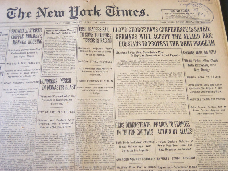 1922 APRIL 21 NEW YORK TIMES - LLOYD GEORGE SAYS CONFERENCE IS SAVED - NT 5770