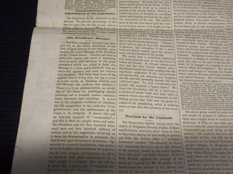 1861 JULY 11 THE INDEPENDENT DEMOCRAT NEWSPAPER - LINCOLN'S MESSAGE - K 74