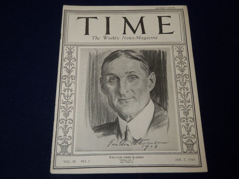 1924 JANUARY 7 TIME MAGAZINE - WILLIAM GIBBS MCADOO COVER - T 6