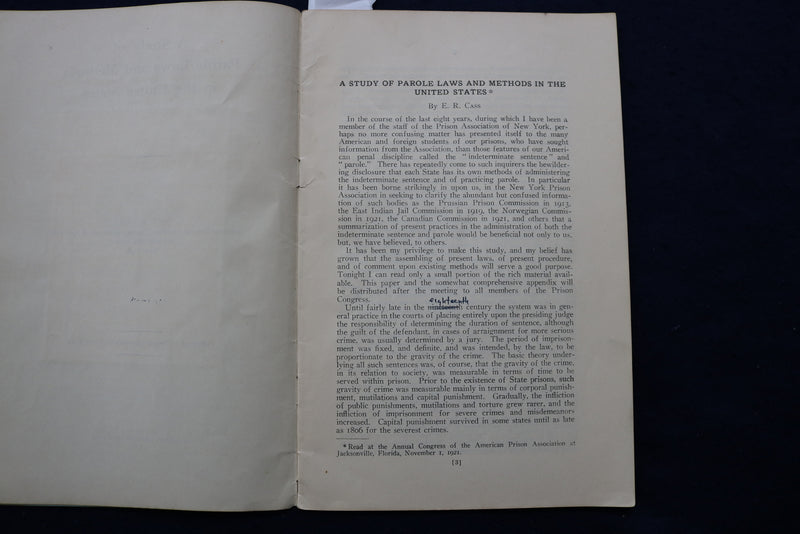 1922 STUDY OF PAROLE LAWS AND METHODS IN THE UNITED STATES SOFTCOVER BOOK- K 916
