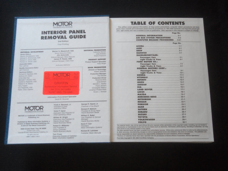 2002 MOTOR INTERNAL PANEL REMOVAL GUIDE - 1991-2002 HARDCOVER BOOK - R 734K