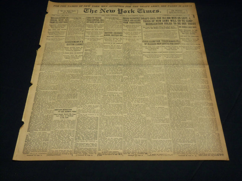 1917 AUGUST 9 NEW YORK TIMES - DRAFT CALL FOR 251,900 MEN - NT 8506
