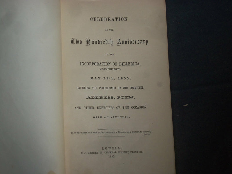 1855 BILLERICA CENTENNIAL CELEBRATION PROCEEDINGS - J 4659