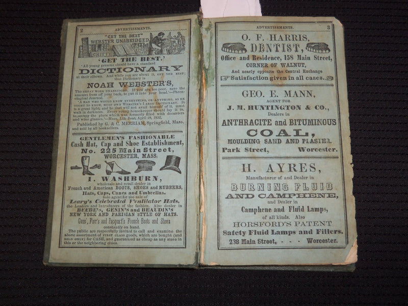 1854 WORCESTER ALMANAC DIRECTORY AND BUSINESS ADVERTISER - HENRY HOWLAND- J 9285