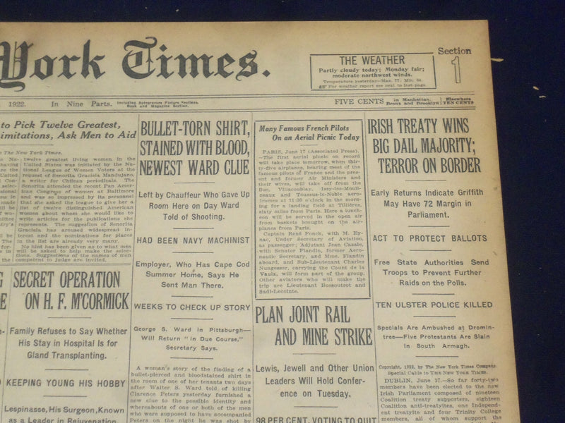 1922 JUNE 18 NEW YORK TIMES - IRISH TREATY WINS BIG DAIL MAJORITY - NT 8415