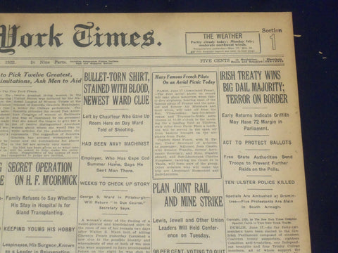 1922 JUNE 18 NEW YORK TIMES - IRISH TREATY WINS BIG DAIL MAJORITY - NT 8415