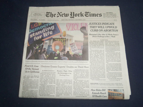 2021 DECEMBER 2 NEW YORK TIMES - JUSTICES INDICATE WILL UPHOLD CURB ON ABORTION